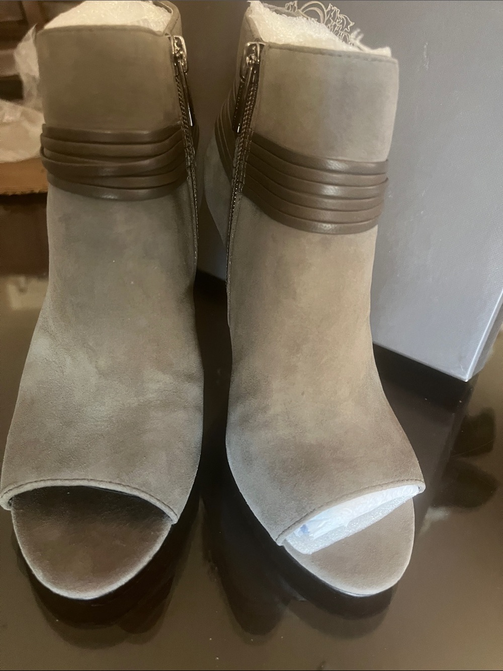 Vince Camuto Taupe Suede Peep-Toe Ankle Booties